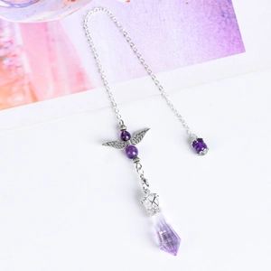 Natural amethyst angel wings pendulum with 12-facet crystal prism and silver chain