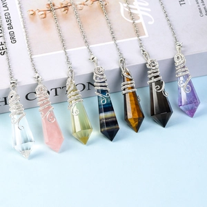 Natural Crystal Dowsing Pendulum Pendant Hexagonal Point Wire Wrapped Healing Stone Necklace For Divination Meditation
