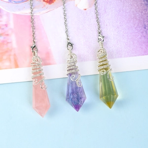 Handcrafted wire wrapped natural crystal pendulum pendants in purple and pink shades