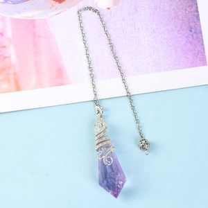 Faceted amethyst crystal pendulum pendant with handcrafted silver wire wrapping and chain