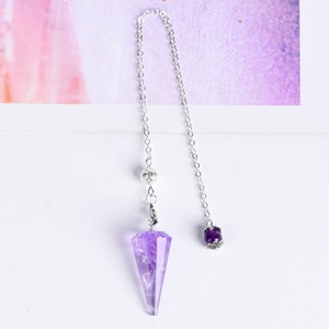 Natural amethyst crystal pendulum pendant with faceted hexagonal cone and silver chain