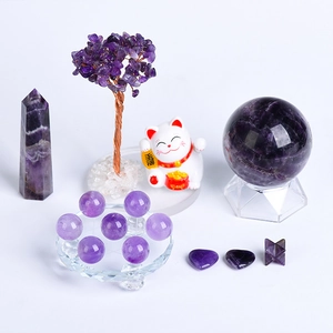 Natural amethyst crystal set with money tree, crystal ball, and seven-star array decor