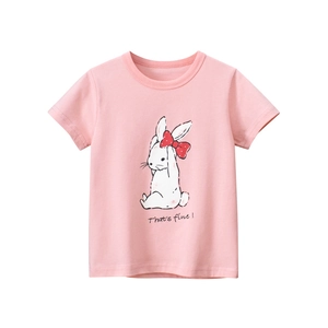 T-Shirt En Coton Pour Filles Manches Courtes Col Rond Imprimé Lapin Dessin Animé Doux Respirant Haut Été Enfant