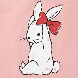 T-shirt en coton rose pour filles avec motif lapin mignon et nœud rouge à pois blancs
