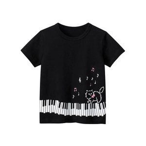 T-Shirt A Maniche Corte Da Ragazza In Puro Cotone Traspirante Girocollo Stampa Gatto Pianoforte Musica Top Estivi Per Bambini