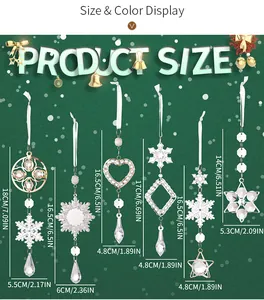 Size chart for six clear acrylic Christmas ornaments with cm and inch measurements
