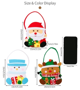 Detailed size comparison of Santa, snowman and elk felt gift bags with a mobile phone