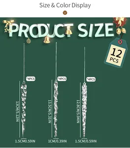 Size chart showing 12 pieces of acrylic icicle Christmas ornaments in three varied designs