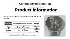 Size chart showing dimensions and weight of clear acrylic Christmas reindeer ornaments