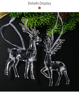 Detail display of clear acrylic reindeer Christmas ornaments with faceted crystal-like texture