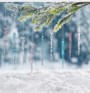 Detail showing hanging spiral acrylic icicles in pink and blue for Christmas decor