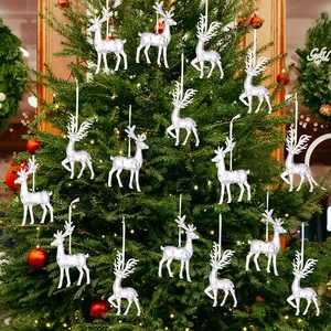 Close-up of 15 clear acrylic reindeer ornaments hanging on a decorated Christmas tree