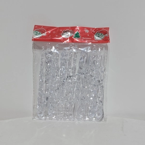 Close-up of acrylic icicle ornaments set for Christmas decorations in clear packaging