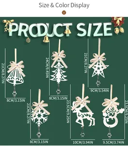 Size guide for white metal Christmas ornaments with reindeer, snowflake and tree motifs