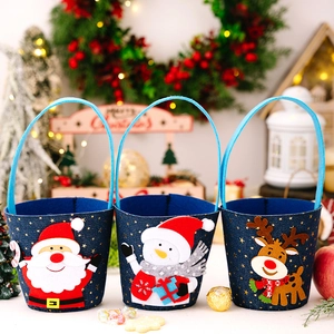 Three denim Christmas gift bags featuring Santa, snowman and reindeer felt appliques