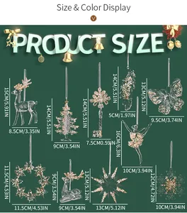 Size chart for acrylic Christmas ornaments featuring glitter accents and dimensions