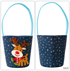 Front and back view of denim Christmas gift bag with reindeer applique and gold stars
