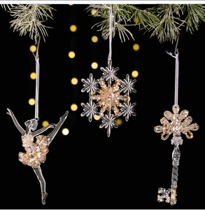 Macro detail of transparent acrylic Christmas ornaments with sparkling gold sequins