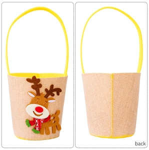 Front and back detail of felt Christmas reindeer candy bag with woven texture and handle