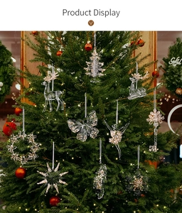 Detail of transparent acrylic Christmas ornaments with gold sequins on tree
