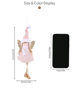 Size display of pink plush angel Christmas tree ornament with golden wings