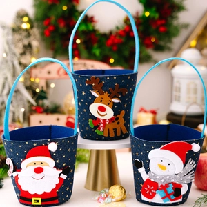 Three-piece denim Christmas gift bags featuring felt Santa, reindeer, and snowman designs
