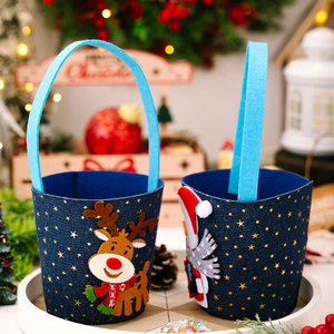 Blue denim Christmas gift bucket with reindeer and snowman 3D characters and gold stars