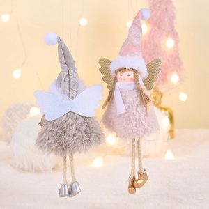 Detailed view of pink and grey plush angel dolls with sequin wings and knitted hats