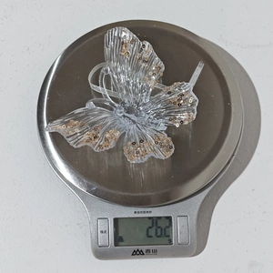 Detailed close-up of a 26.2g clear acrylic butterfly ornament with gold sequins on a scale