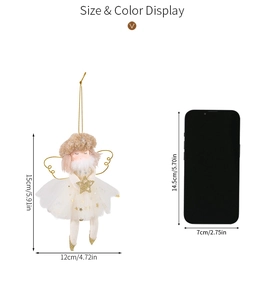 Pink Christmas angel pendant size display with golden stars and dimensions
