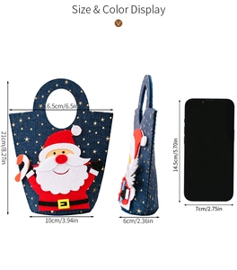 Size comparison and detailed dimensions of Santa Claus themed denim gift bag