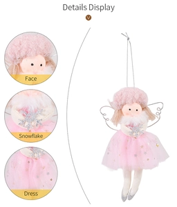 Detailed views of pink Christmas angel ornament showing face, snowflake and mesh dress