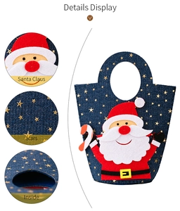 Detail view of Santa Claus applique and golden star patterns on blue denim gift bag