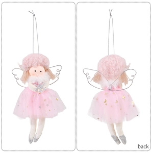 Detail of pink plush Christmas angel pendant with golden star sequins and silver glitter shoes