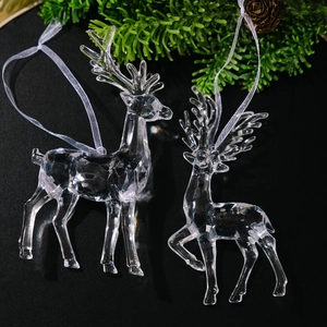 Set of 2 clear acrylic reindeer hanging ornaments for festive Christmas tree decoration