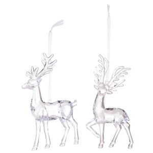 Set of two clear acrylic reindeer ornaments with white ribbons for Christmas tree decor