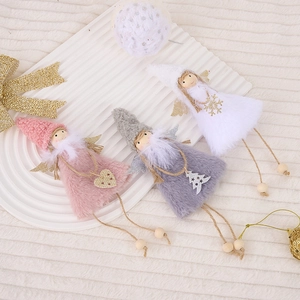 Detailed trio of plush angel ornaments in pink, grey and white with sequins on fur