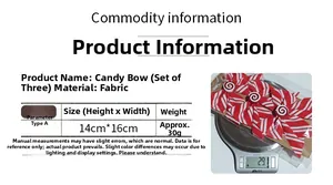 Detailed size chart for red and white candy cane striped fabric Christmas tree bows