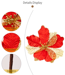 Detail display of glitter powder, red flannelette petals and steel wire of Christmas flower