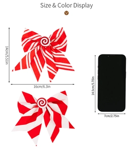 Detailed size display of red and white striped Christmas bows with candy center