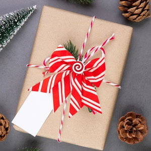 Close-up of gift box with red-white striped bow and blank tag on stone background
