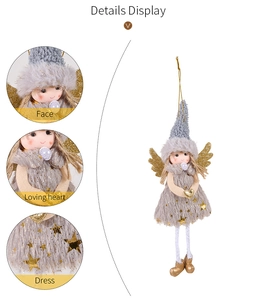 Detailed views of plush Christmas angel ornament with golden wings and gray dress texture