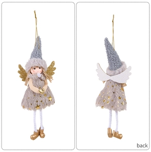 Front and back detail of plush Christmas angel ornament with gray fur dress and golden heart