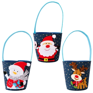 Three Christmas denim gift bags set with felt Santa, Snowman and Reindeer patterns