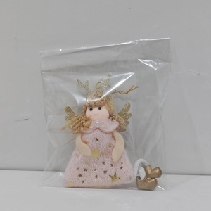 Pink Christmas angel pendant with golden antlers and star-patterned plush dress