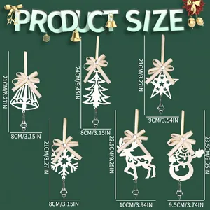 White iron Christmas ornaments set with ribbons and crystal pendants shown with size chart