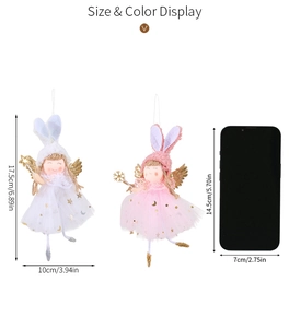 Detailed size comparison of angel girl ornaments with rabbit ears and golden wings