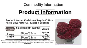 Size chart showing dimensions and weight for red Christmas sequin stuffed bow decorations