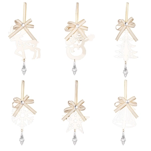 6-piece cream white iron Christmas ornaments set with ribbons and crystal pendants