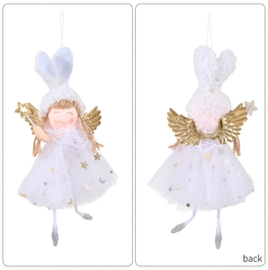 Front and back detail of plush angel ornament with bunny ears and golden wings